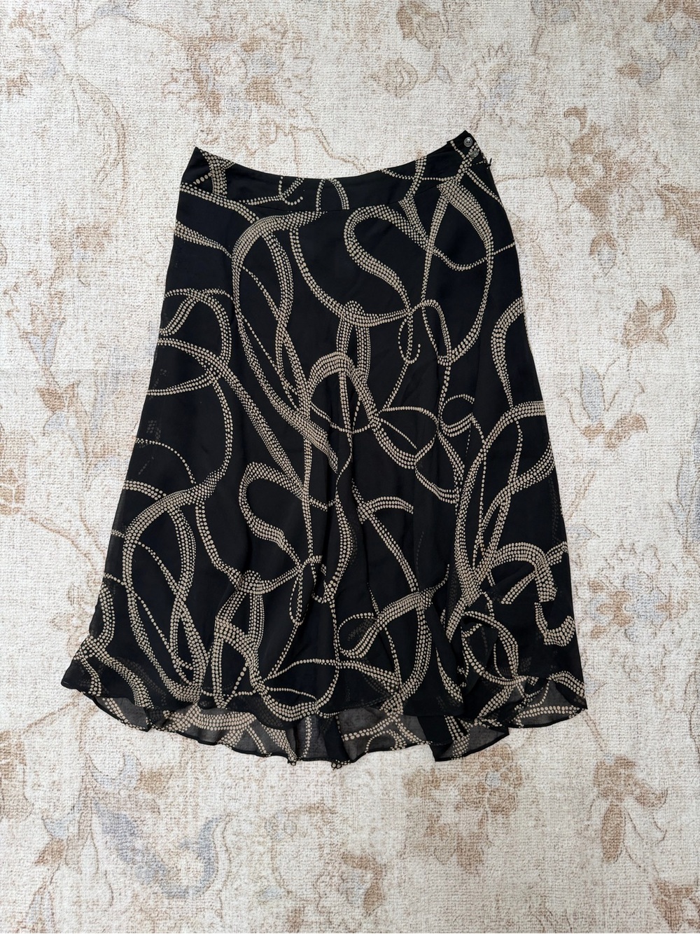 100% Silk Black Midi Skirt with Cream Chain-Print
